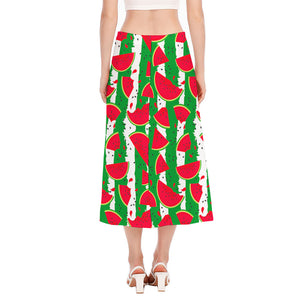 Green Stripes Watermelon Pattern Print Side Slit Midi Skirt