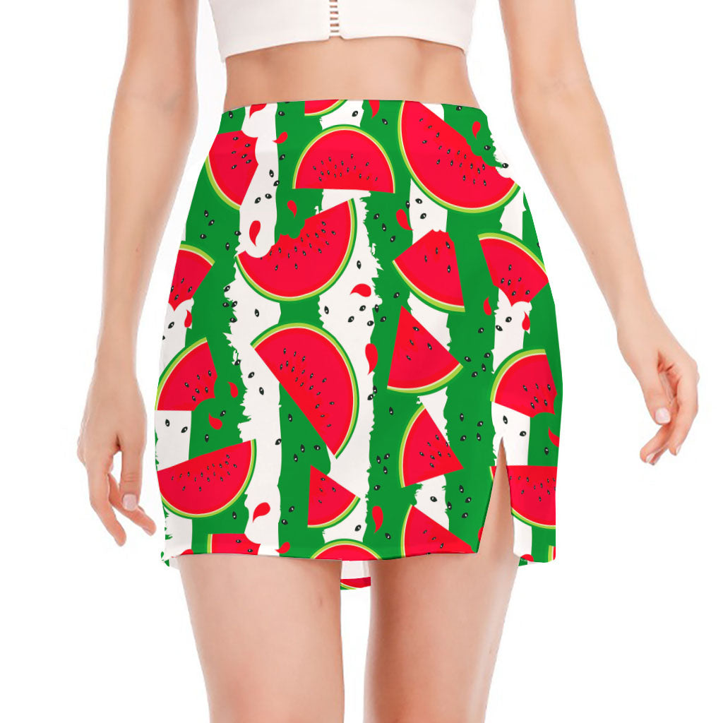 Green Stripes Watermelon Pattern Print Side Slit Mini Skirt