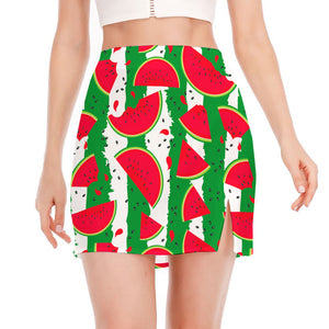 Green Stripes Watermelon Pattern Print Side Slit Mini Skirt