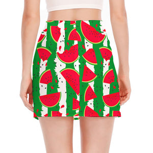 Green Stripes Watermelon Pattern Print Side Slit Mini Skirt