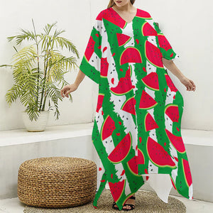 Green Stripes Watermelon Pattern Print Silk V-Neck Kaftan Dress