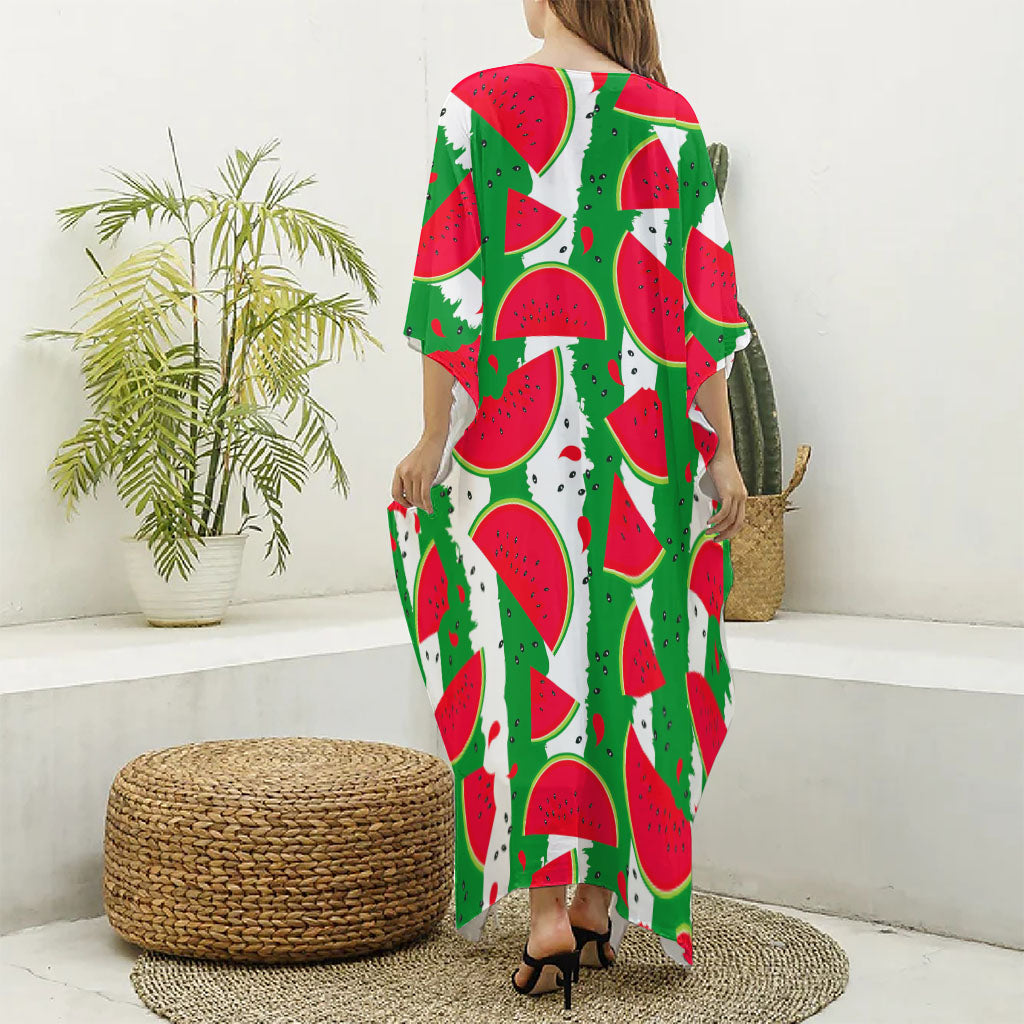 Green Stripes Watermelon Pattern Print Silk V-Neck Kaftan Dress