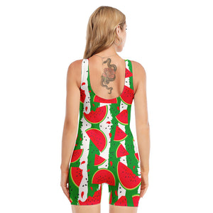 Green Stripes Watermelon Pattern Print Sleeveless One Piece Swimsuit