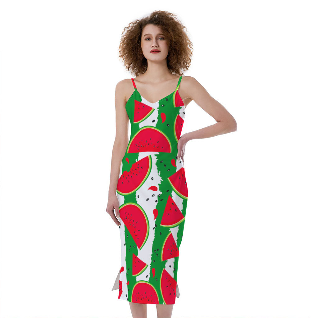 Green Stripes Watermelon Pattern Print Slim Fit Midi Cami Dress