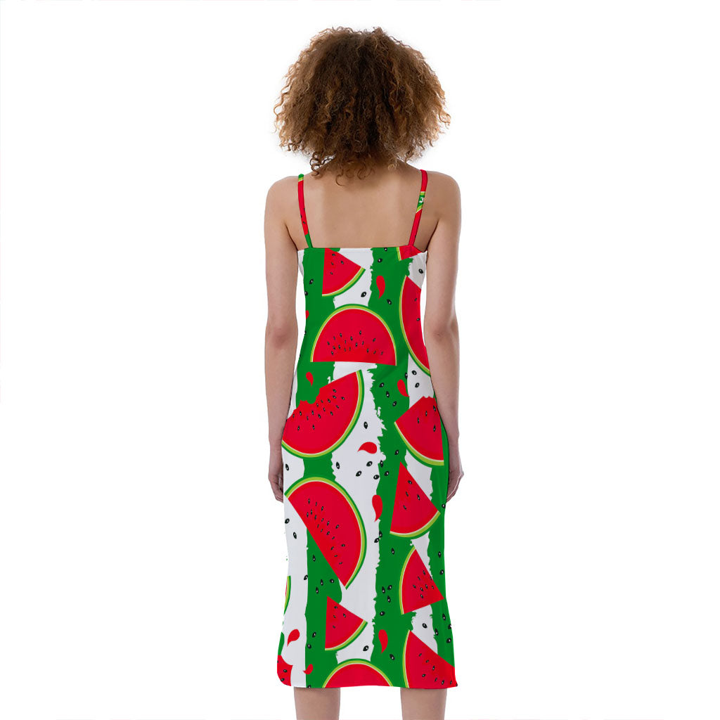 Green Stripes Watermelon Pattern Print Slim Fit Midi Cami Dress