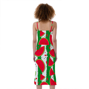 Green Stripes Watermelon Pattern Print Slim Fit Midi Cami Dress