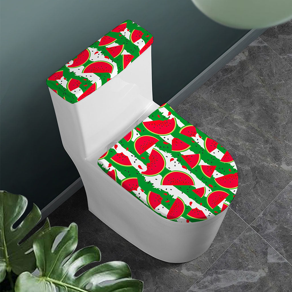 Green Stripes Watermelon Pattern Print Toilet Lid And Tank Cover Set
