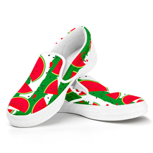 Green Stripes Watermelon Pattern Print White Slip On Sneakers