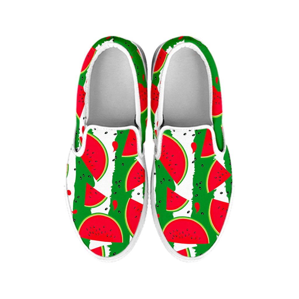 Green Stripes Watermelon Pattern Print White Slip On Sneakers