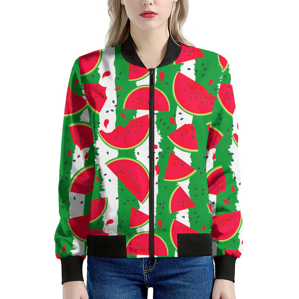 Green Stripes Watermelon Pattern Print Women's Bomber Jacket