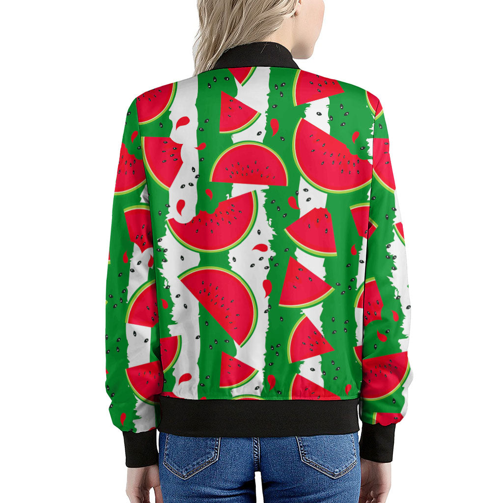 Green Stripes Watermelon Pattern Print Women's Bomber Jacket