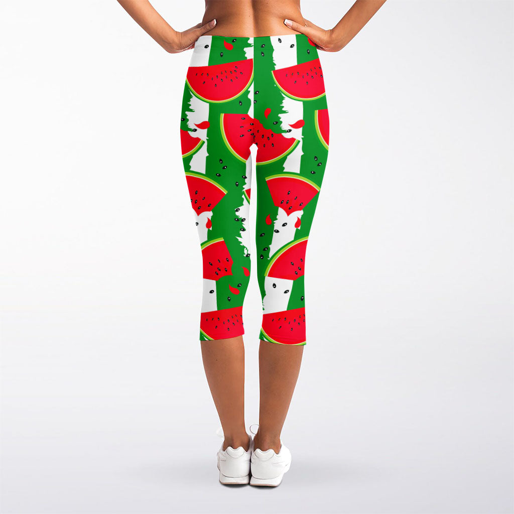 Green Stripes Watermelon Pattern Print Women's Capri Leggings