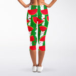 Green Stripes Watermelon Pattern Print Women's Capri Leggings