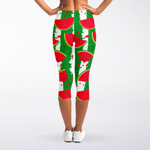 Green Stripes Watermelon Pattern Print Women's Capri Leggings