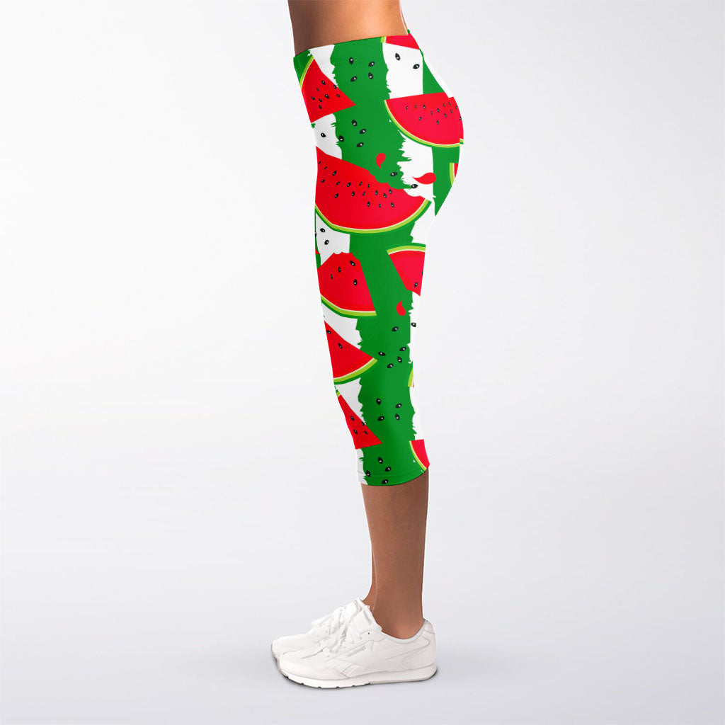 Green Stripes Watermelon Pattern Print Women's Capri Leggings