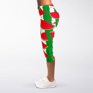 Green Stripes Watermelon Pattern Print Women's Capri Leggings