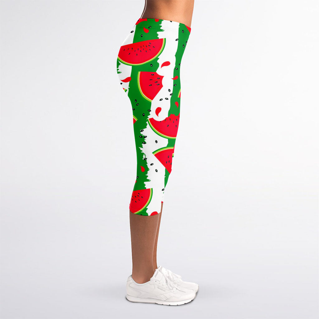 Green Stripes Watermelon Pattern Print Women's Capri Leggings