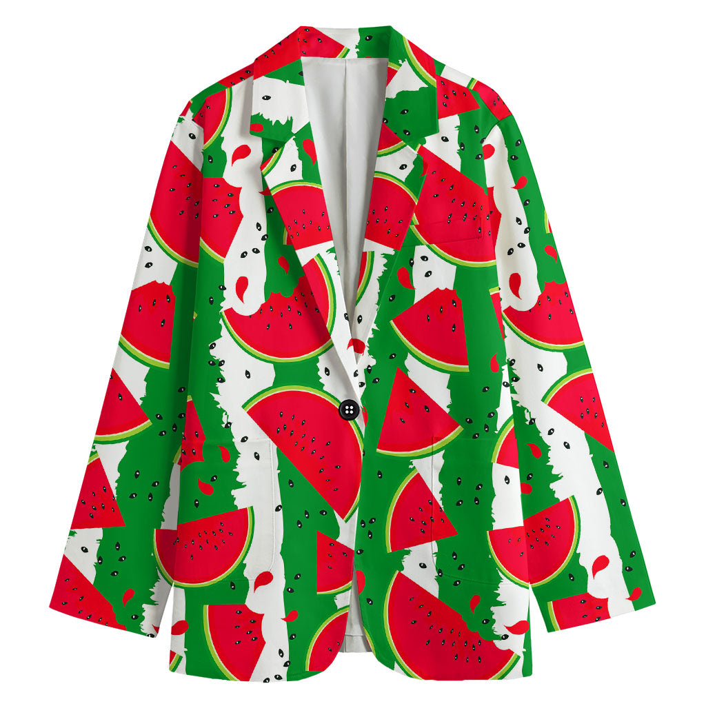 Green Stripes Watermelon Pattern Print Women's Cotton Blazer