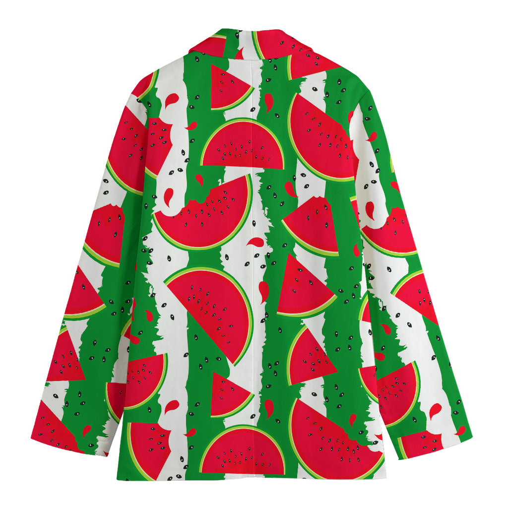 Green Stripes Watermelon Pattern Print Women's Cotton Blazer