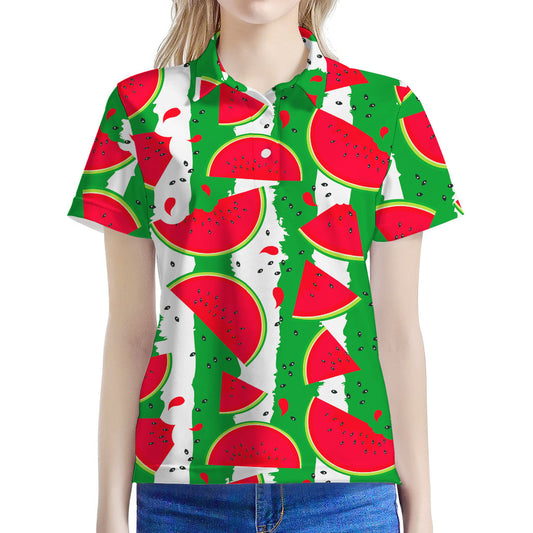 Green Stripes Watermelon Pattern Print Women's Polo Shirt