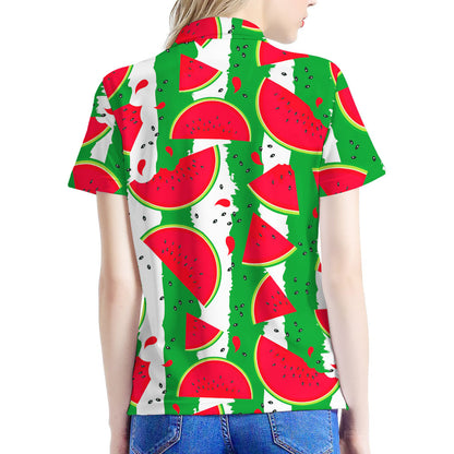 Green Stripes Watermelon Pattern Print Women's Polo Shirt
