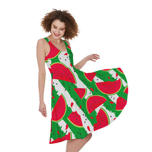 Green Stripes Watermelon Pattern Print Women's Sleeveless Dress