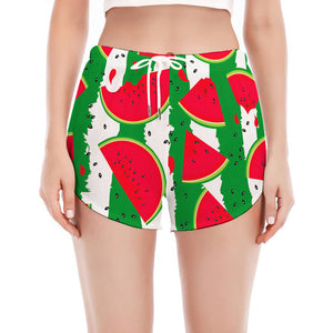 Green Stripes Watermelon Pattern Print Women's Split Running Shorts