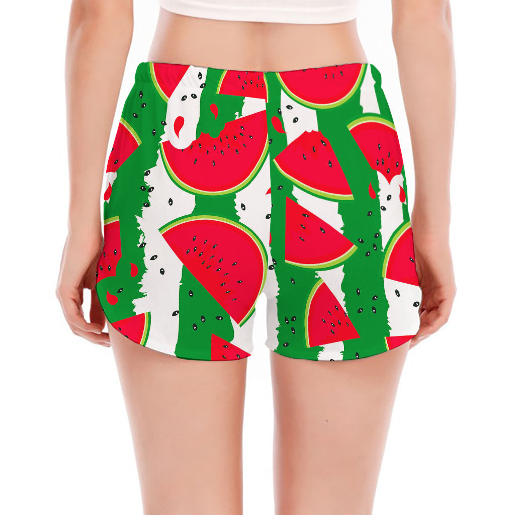 Green Stripes Watermelon Pattern Print Women's Split Running Shorts