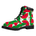 Green Stripes Watermelon Pattern Print Padded Collar Lace Up Boots