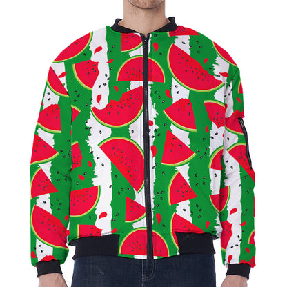 Green Stripes Watermelon Pattern Print Zip Sleeve Bomber Jacket