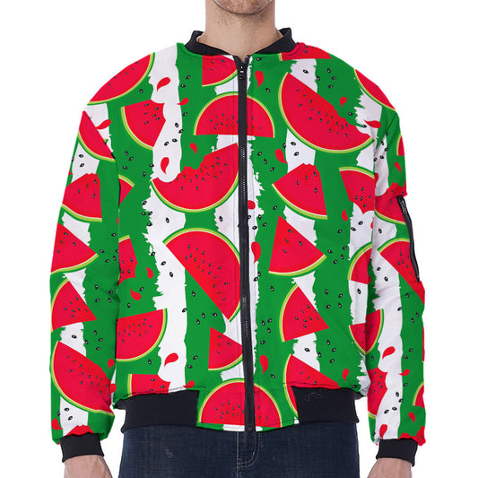 Green Stripes Watermelon Pattern Print Zip Sleeve Bomber Jacket