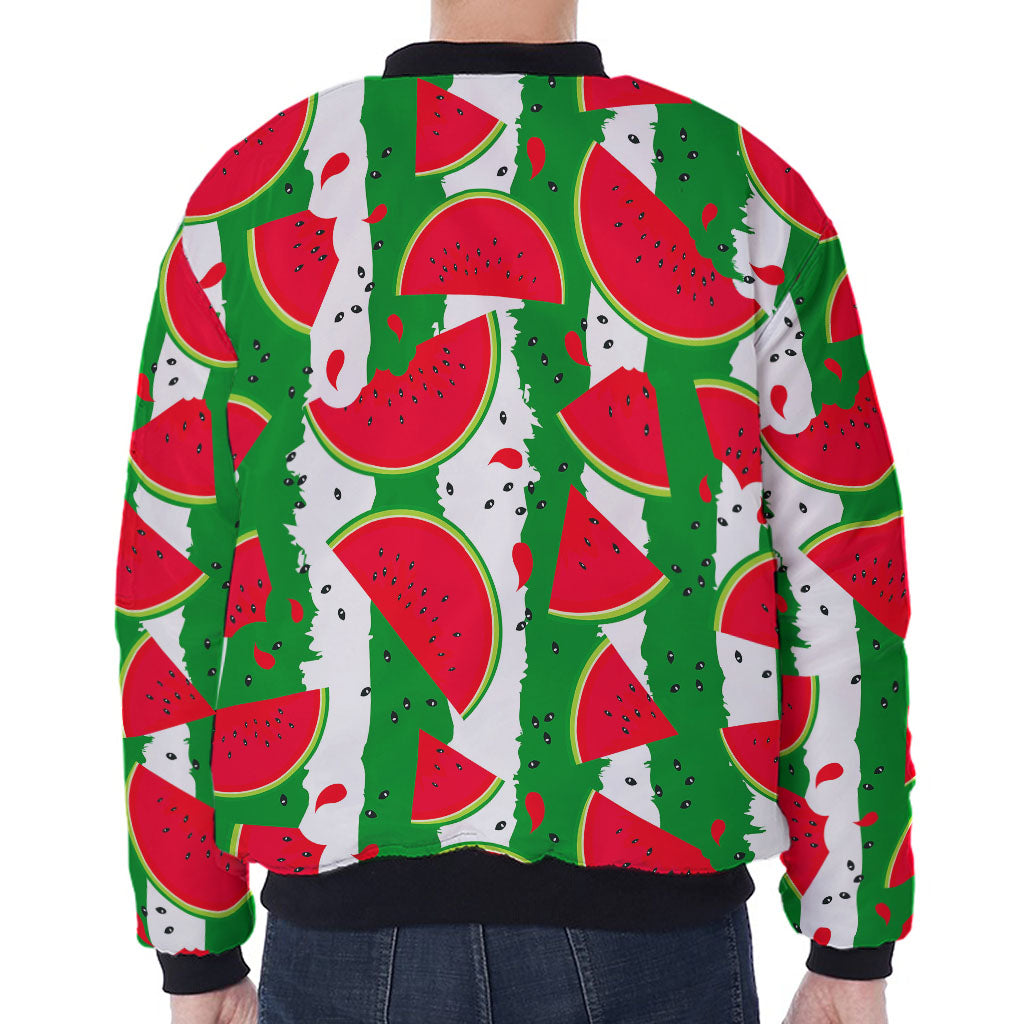 Green Stripes Watermelon Pattern Print Zip Sleeve Bomber Jacket