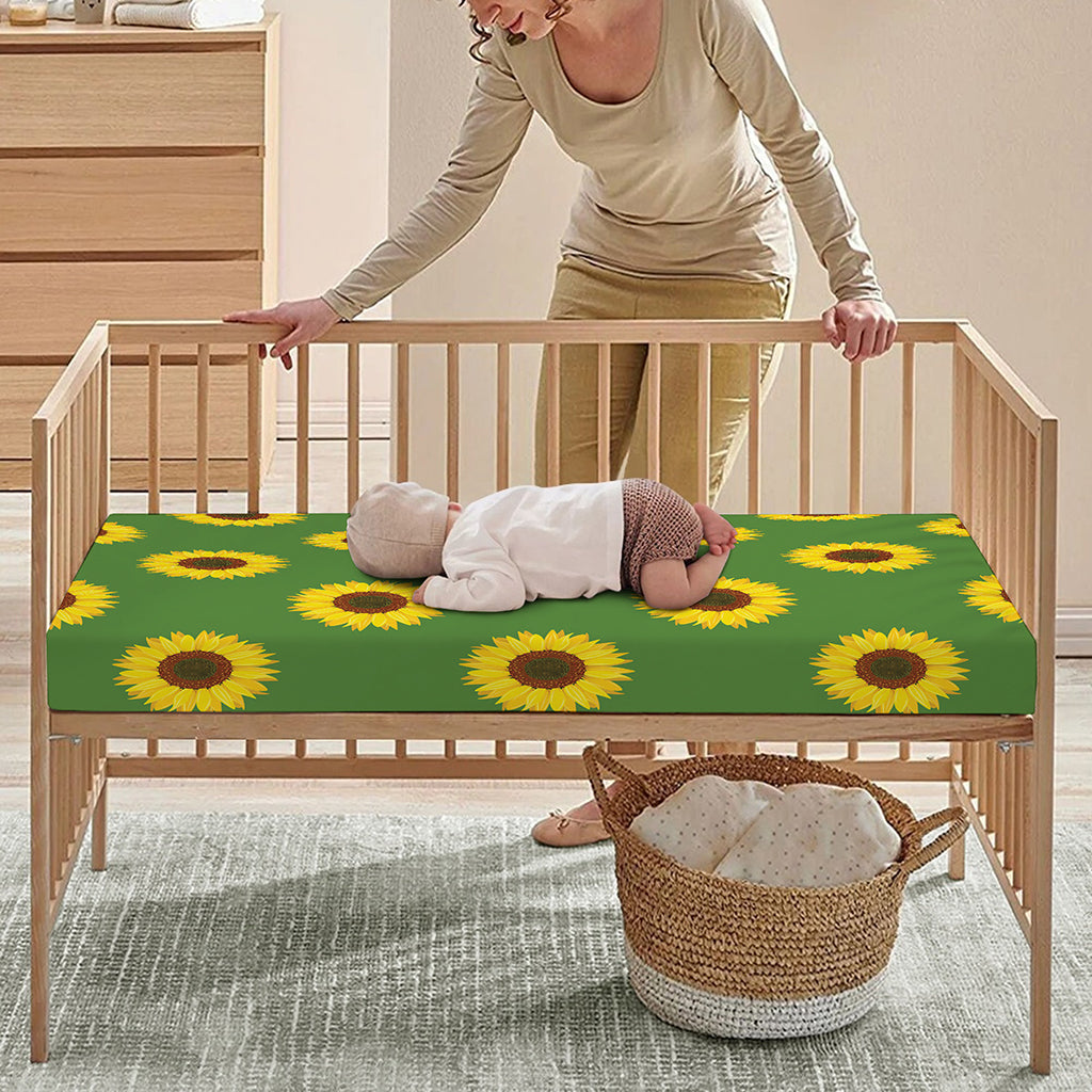 Green Sunflower Pattern Print Baby Crib Sheet