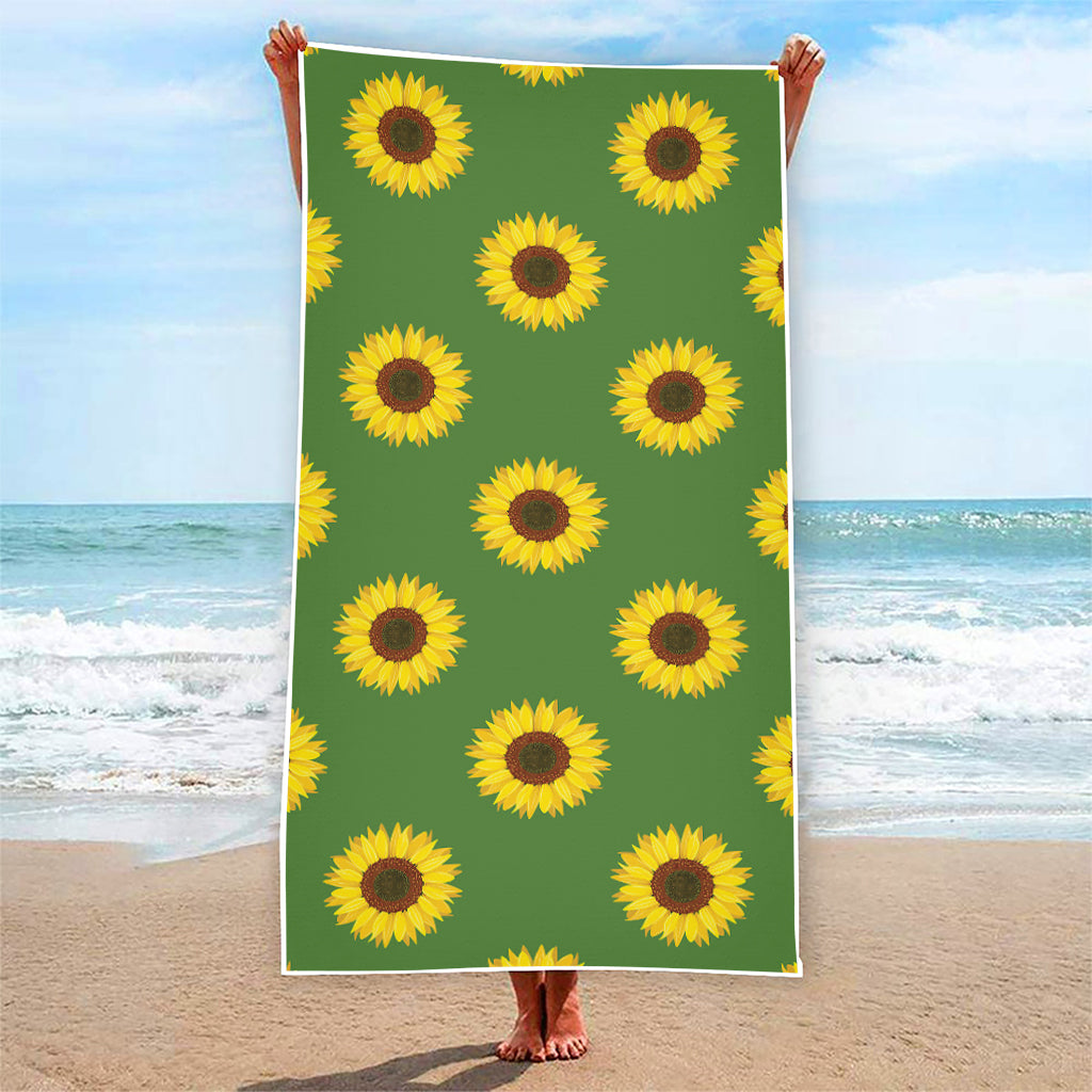 Green Sunflower Pattern Print Beach Towel