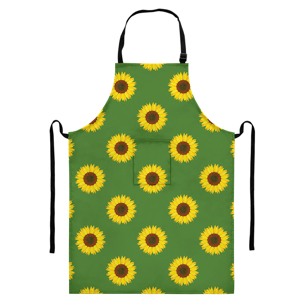 Green Sunflower Pattern Print Bib Apron With Pocket