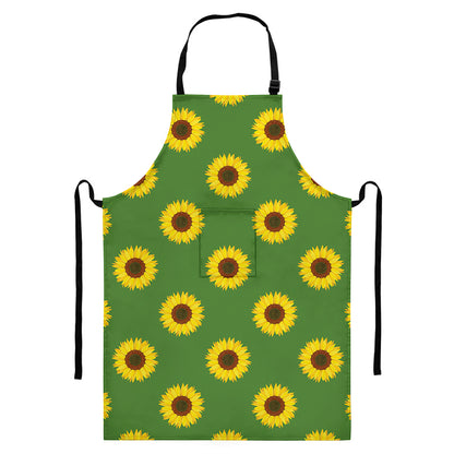Green Sunflower Pattern Print Bib Apron With Pocket