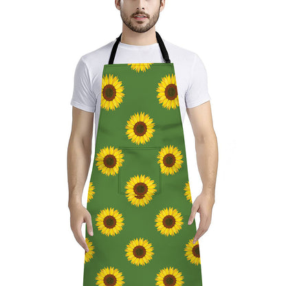 Green Sunflower Pattern Print Bib Apron With Pocket
