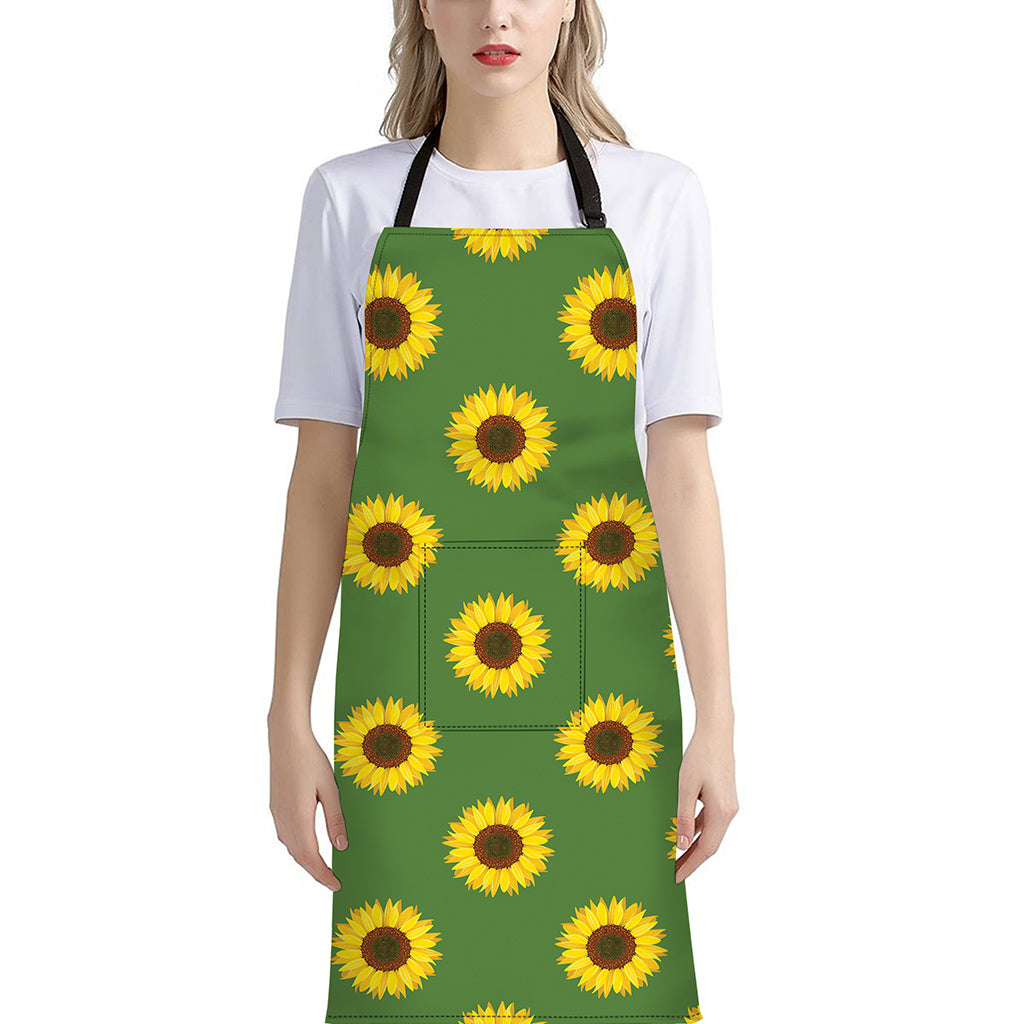 Green Sunflower Pattern Print Bib Apron With Pocket