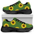 Green Sunflower Pattern Print Black Chunky Shoes