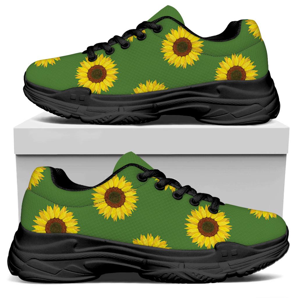 Green Sunflower Pattern Print Black Chunky Shoes