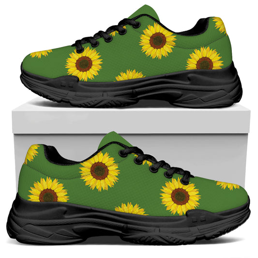Green Sunflower Pattern Print Black Chunky Shoes