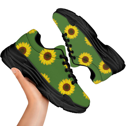 Green Sunflower Pattern Print Black Chunky Shoes