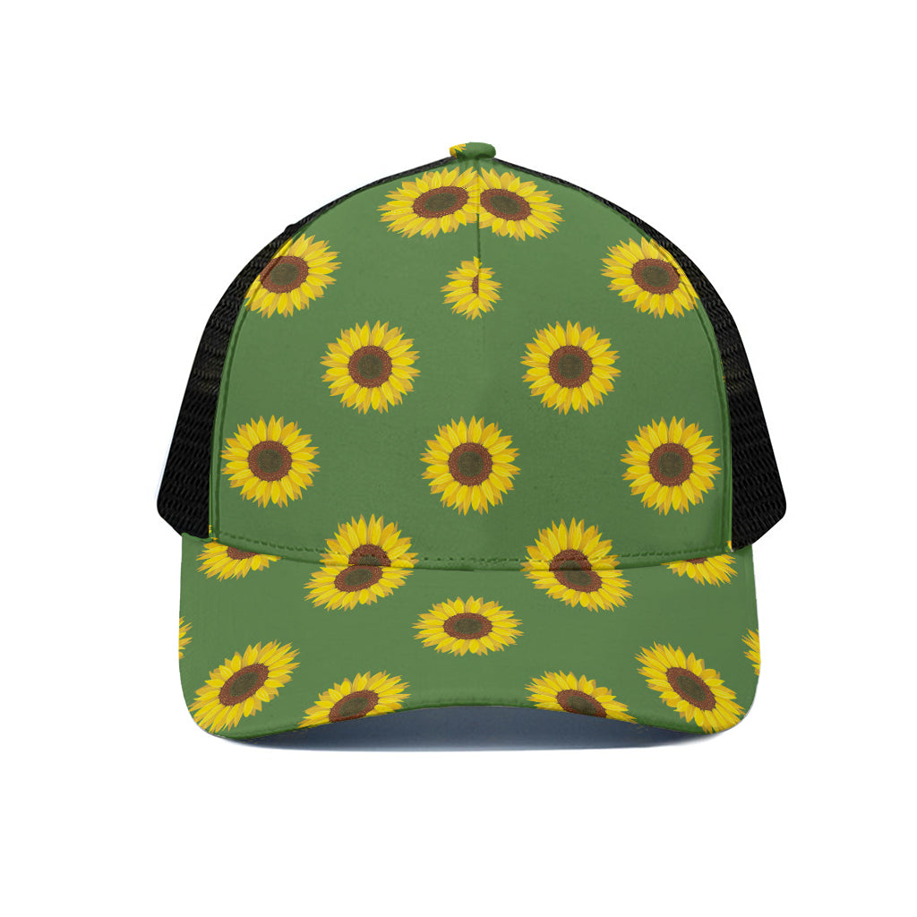 Green Sunflower Pattern Print Black Mesh Trucker Cap