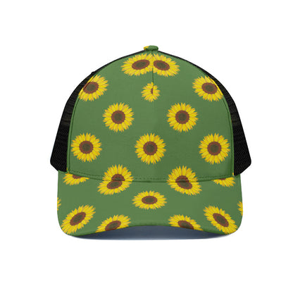 Green Sunflower Pattern Print Black Mesh Trucker Cap