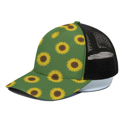 Green Sunflower Pattern Print Black Mesh Trucker Cap