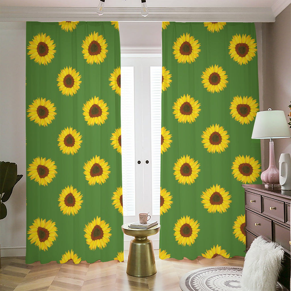 Green Sunflower Pattern Print Blackout Pencil Pleat Curtains