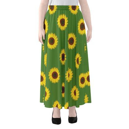 Green Sunflower Pattern Print Chiffon Maxi Skirt