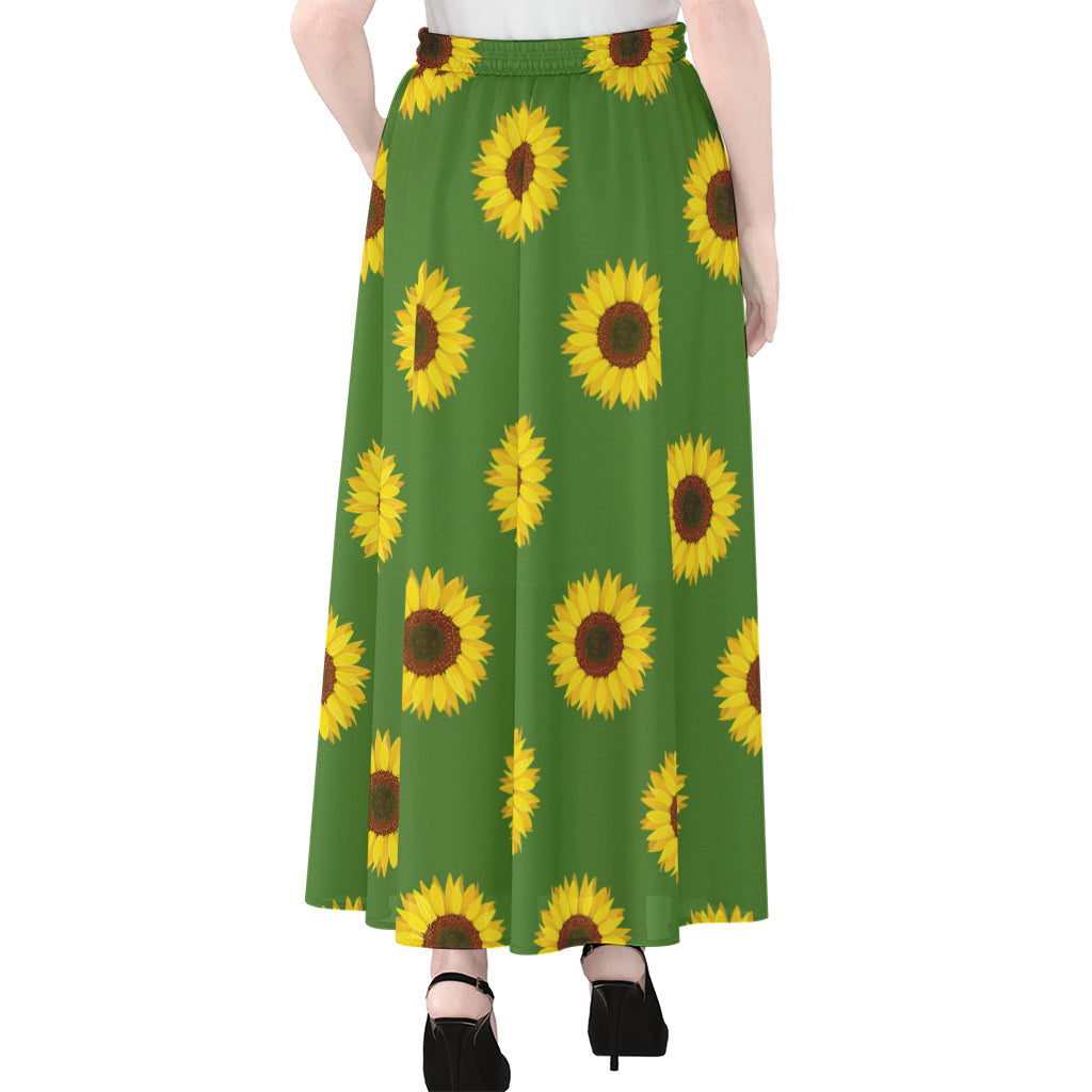 Green Sunflower Pattern Print Chiffon Maxi Skirt