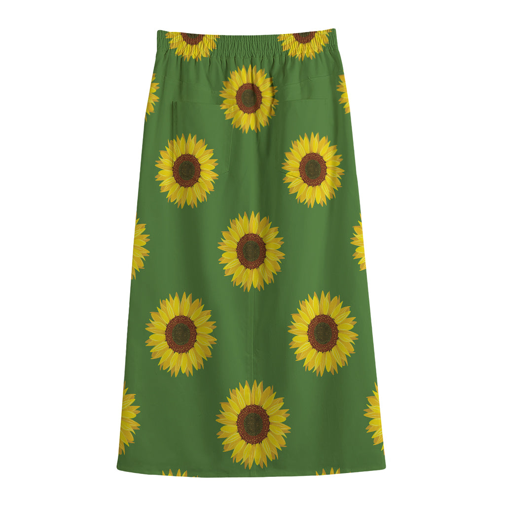 Green Sunflower Pattern Print Cotton Front Slit Maxi Skirt
