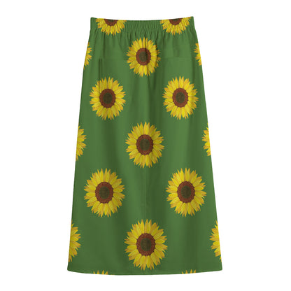 Green Sunflower Pattern Print Cotton Front Slit Maxi Skirt